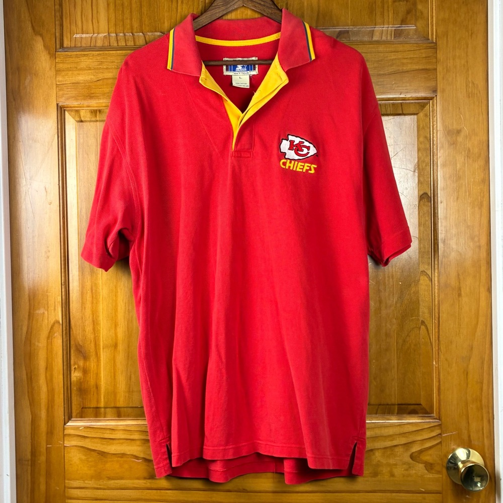 Vintage Starter Kansas City Chiefs NFL Polo Shirt Mens Lg Red Cotton Pique Retro